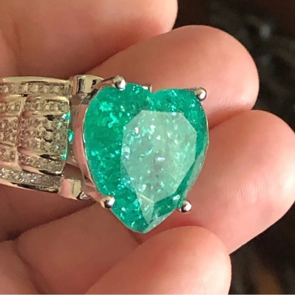 Ladies elegant large paraiba tourmaline emerald heart stone 925 ring 9 NIB